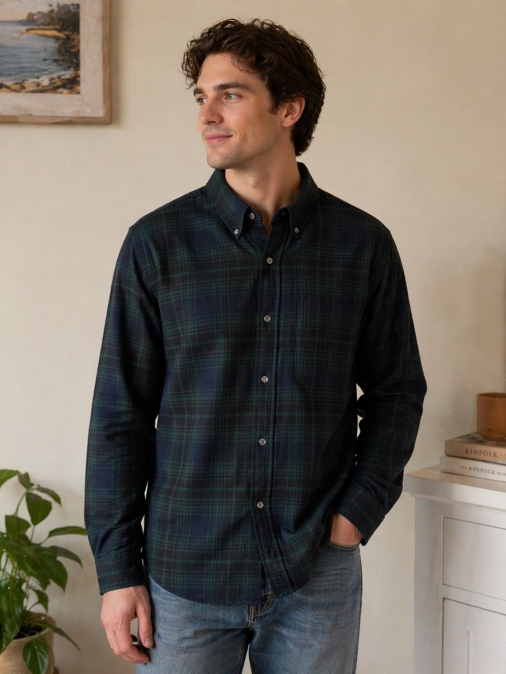 Cotton & Co Men Green Navy Plaid Button Down Flannel XL Preppy Dark Academia